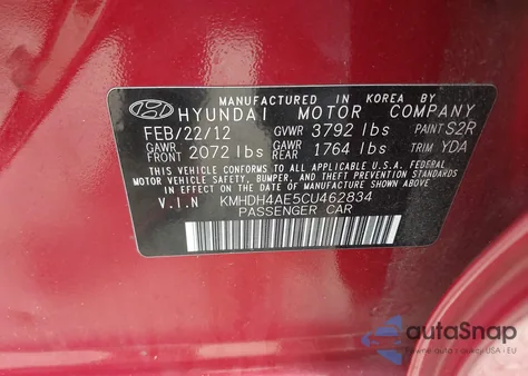 2012 Hyundai Elantra Gls (Ulsan Plant) from USA, damaged, VIN KMHDH4AE5CU462834